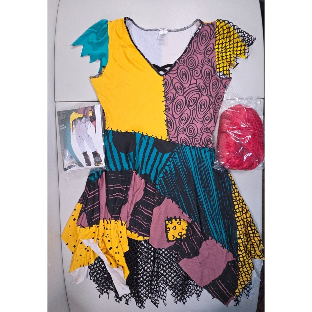 Disney Nightmare Before Christmas Sally Costume Womens L Dress Wig Tights